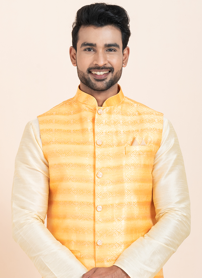 Banarasi Silk Kurta Pajama in Mustard Yellow main image 0